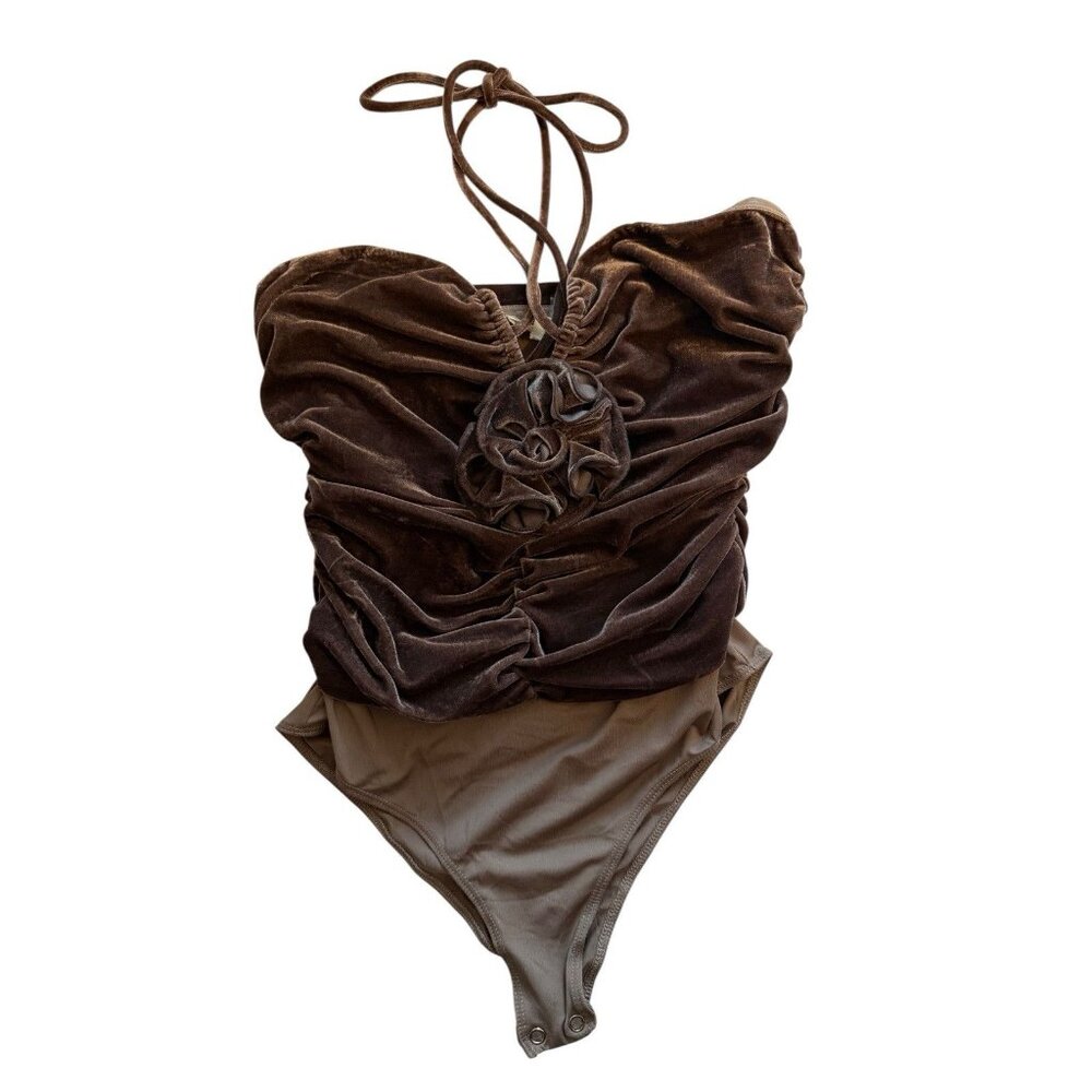 Entro Women’s Velvet Ruched V-Neck Halter Neck Bodysuit Brown Flower Size Medium